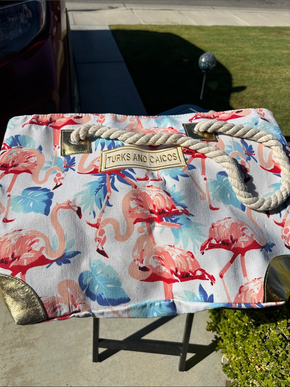 Turks and Caicos Flamingo Print Rope-Handle Tote Bag in Multi-Color